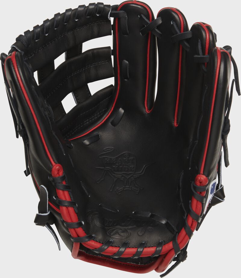 Black palm of a Rawlings G57 Isiah Kiner-Falefa glove with black laces - SKU: RSGPRO205-IKF9 loading=