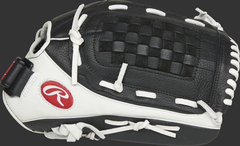 Thumb of a white/black RSO130BW Shut Out 13-inch outfield/pitcher's glove with a black basket web.
