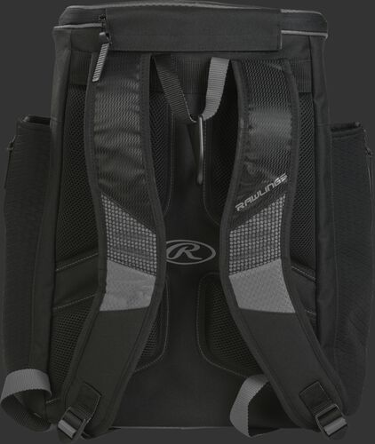 Back of a gray/black R600 Rawlings Players backpack with black shoulder straps