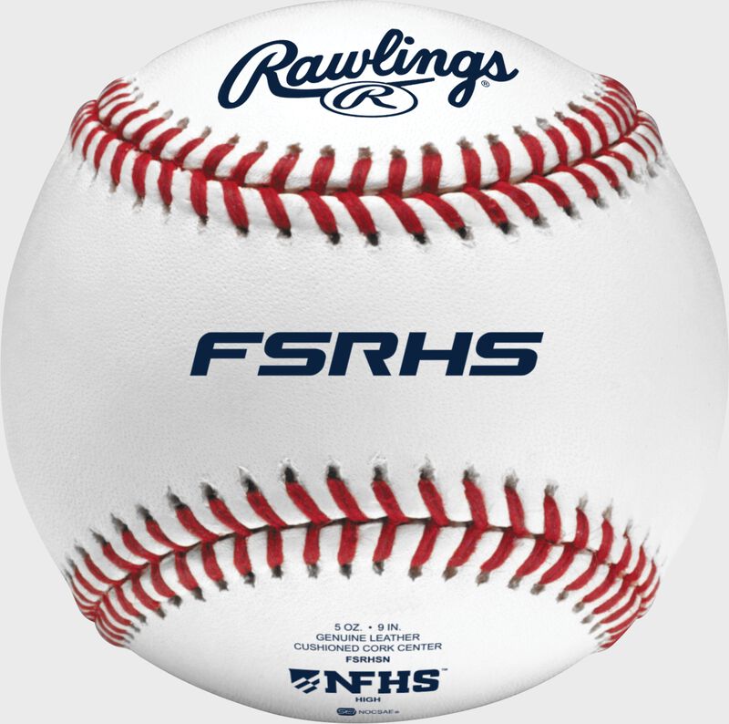 A Rawlings high school flat seam baseball with red seams and the NFHS logo - SKU: FSRHSN