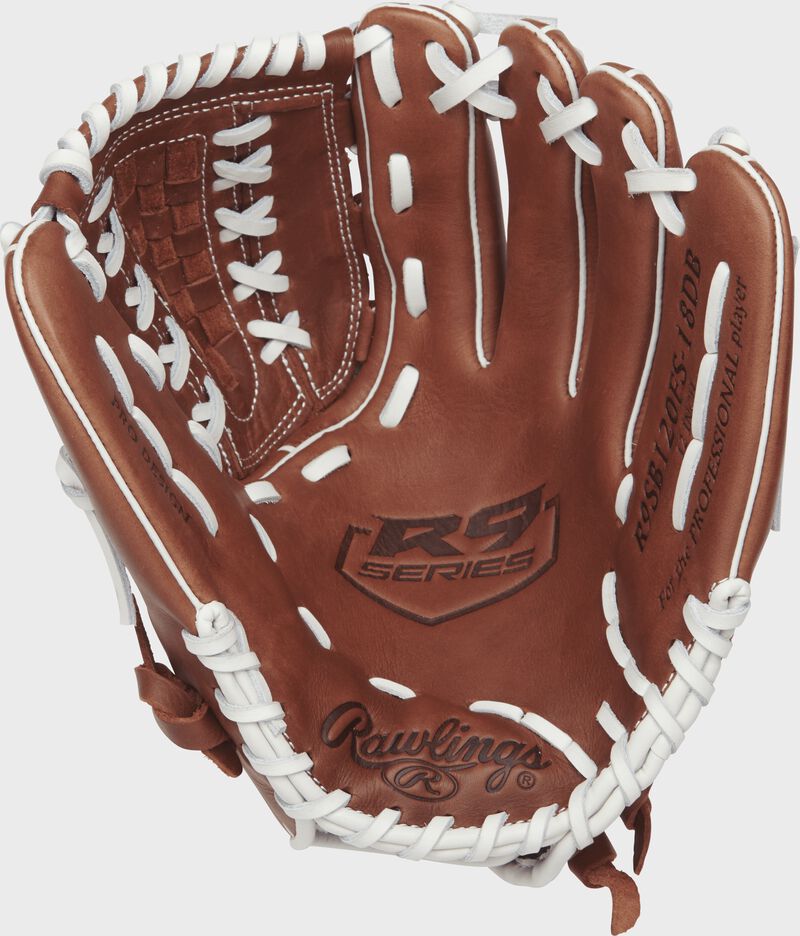 R9SB120FS-18DB Rawlings 12-inch softball glove with a brown palm and white laces