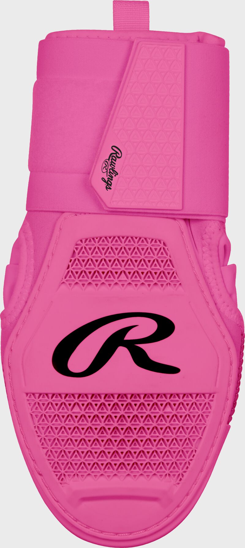 Back of hand of a pink Rawlings sliding mitt with a black "R" logo