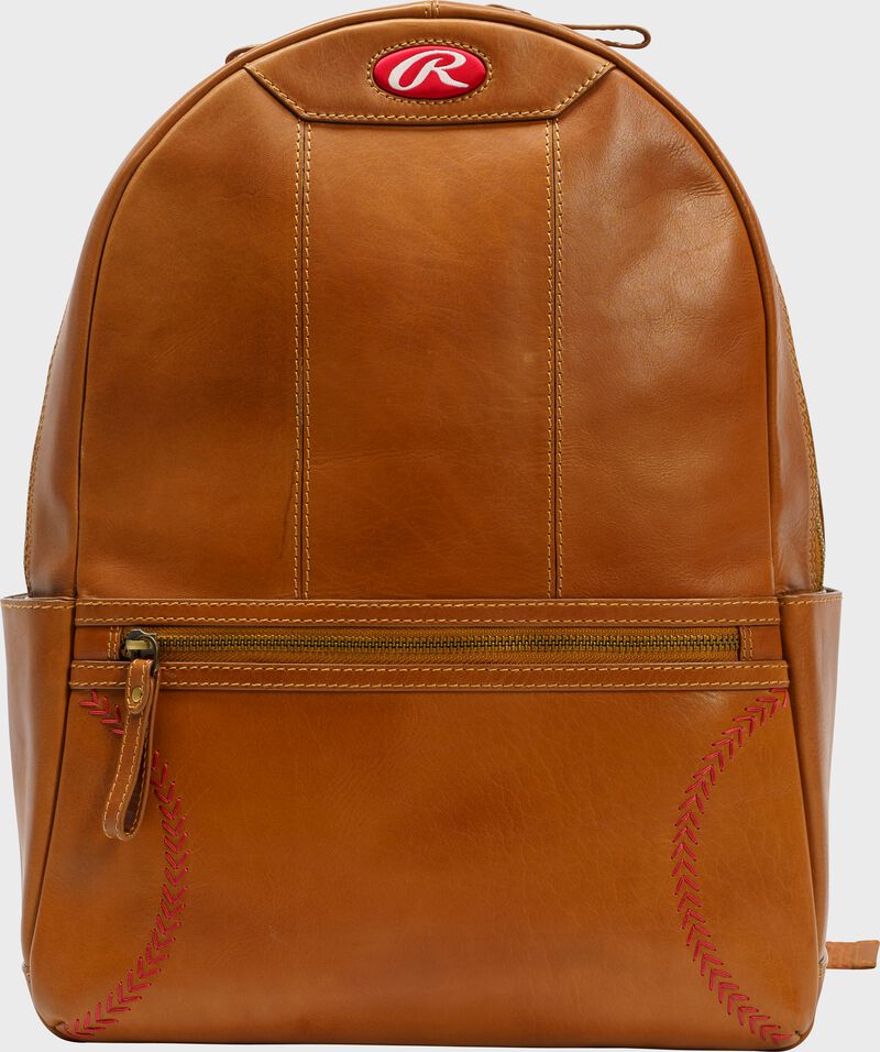 Front of a tan Rawlings Double Play mini backpack