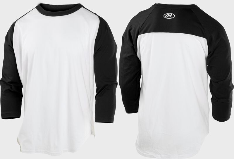 A white Rawlings youth 3/4 sleeve baseball shirt with black sleeves - SKU: ACABC34-B loading=