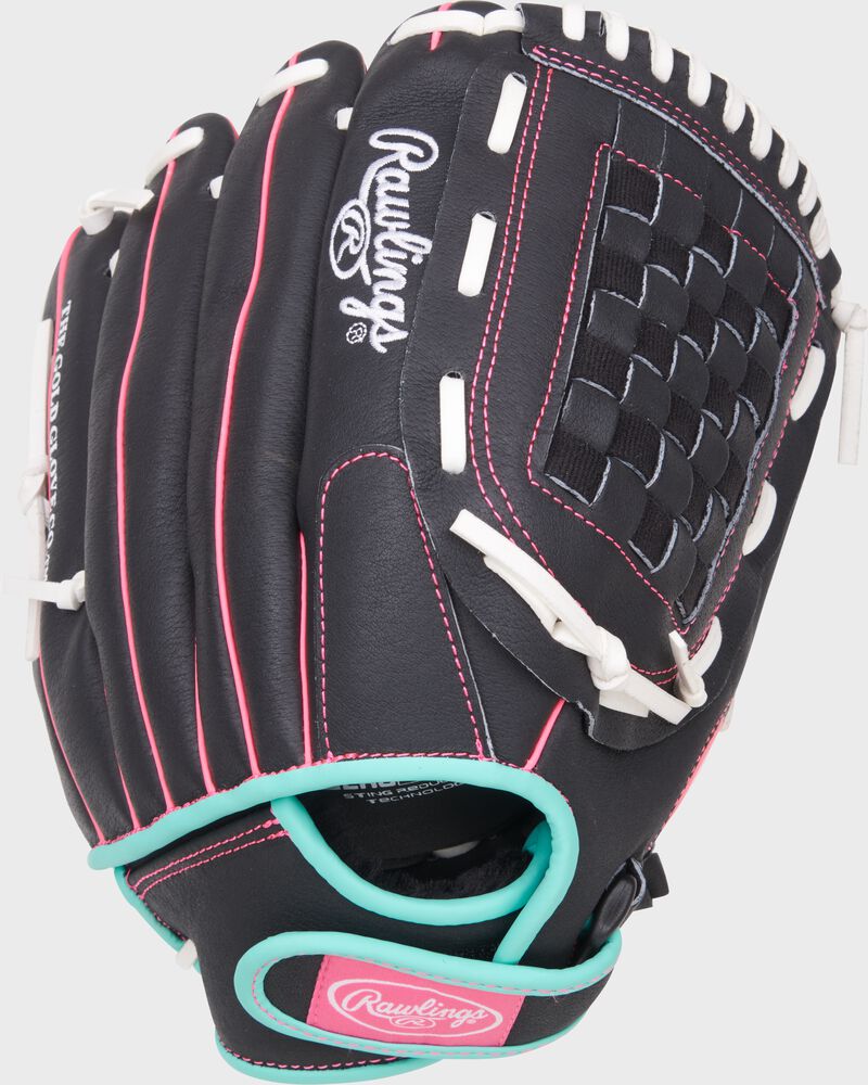 Back of a black/mint/pink Sure Catch Softball 12.5-inch Youth Softball Glove loading=