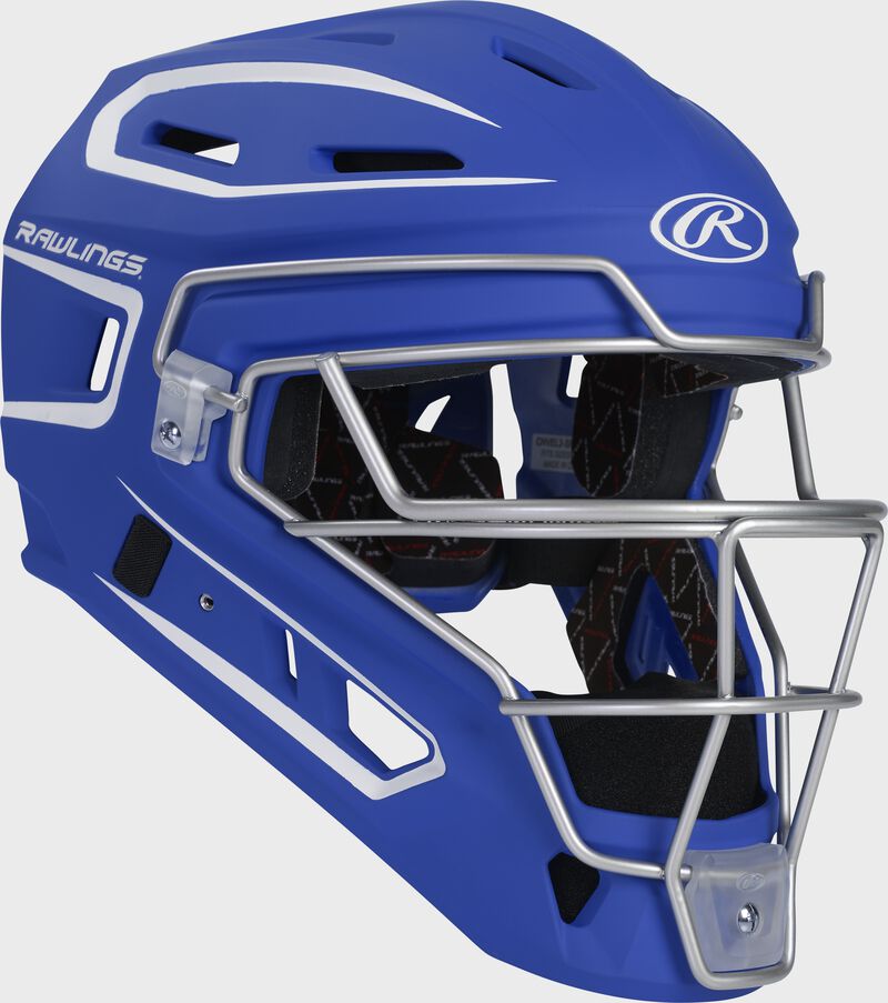 Front right of a royal Velo 2.0 catcher's helmet