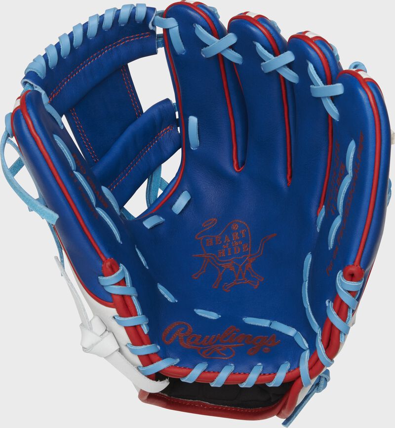 PRO314-2PR Rawlings Heart of the Hide Puerto Rico glove with a royal palm, royal web and columbia blue laces