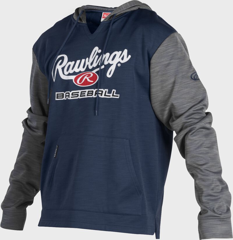 A navy Rawlings adult long sleeve hoodie with a Rawlings log on the chest and heather gray sleeves - SKU: PFH2PRBB-N/GR