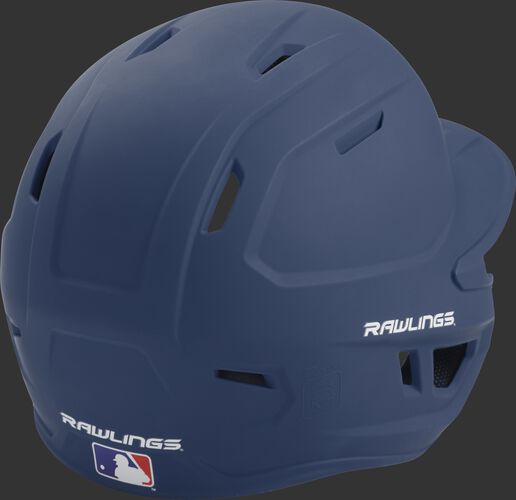 Back right of a one-tone matte navy MACH Rawlings junior size batting helmet