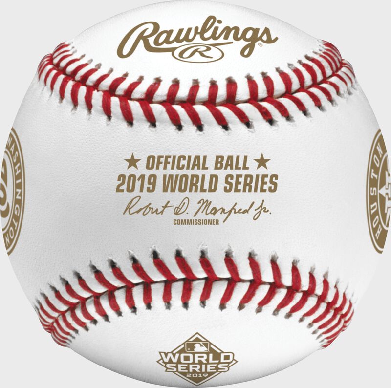 Gold stamps on a WSBB19DL MLB 2019 World Series Dueling baseball with the commissioner's signature on the Official Ball of MLB