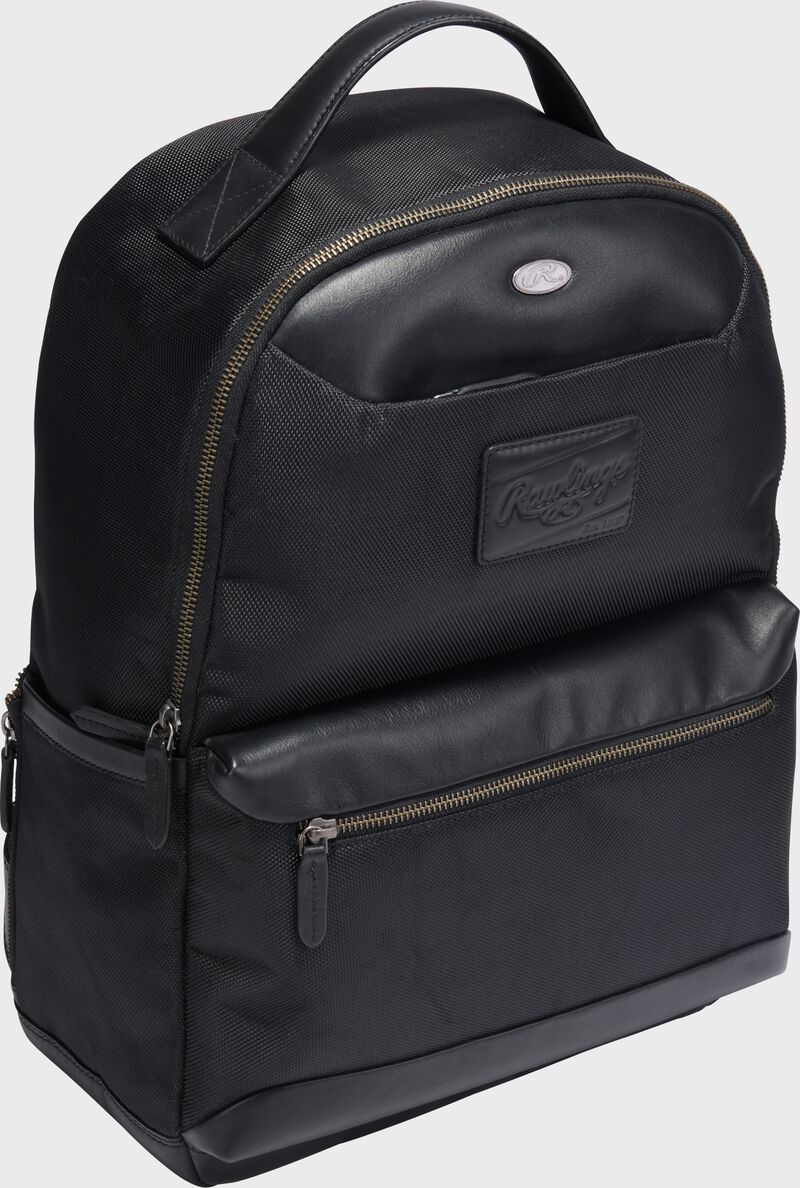 Side angle view of a black Rawlings Deuce backpack
