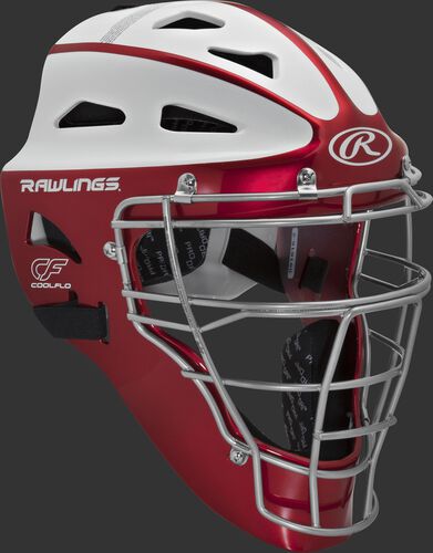 Front right of a scarlet/white SBCHVEL Rawlings adult Velo softball catcher's helmet