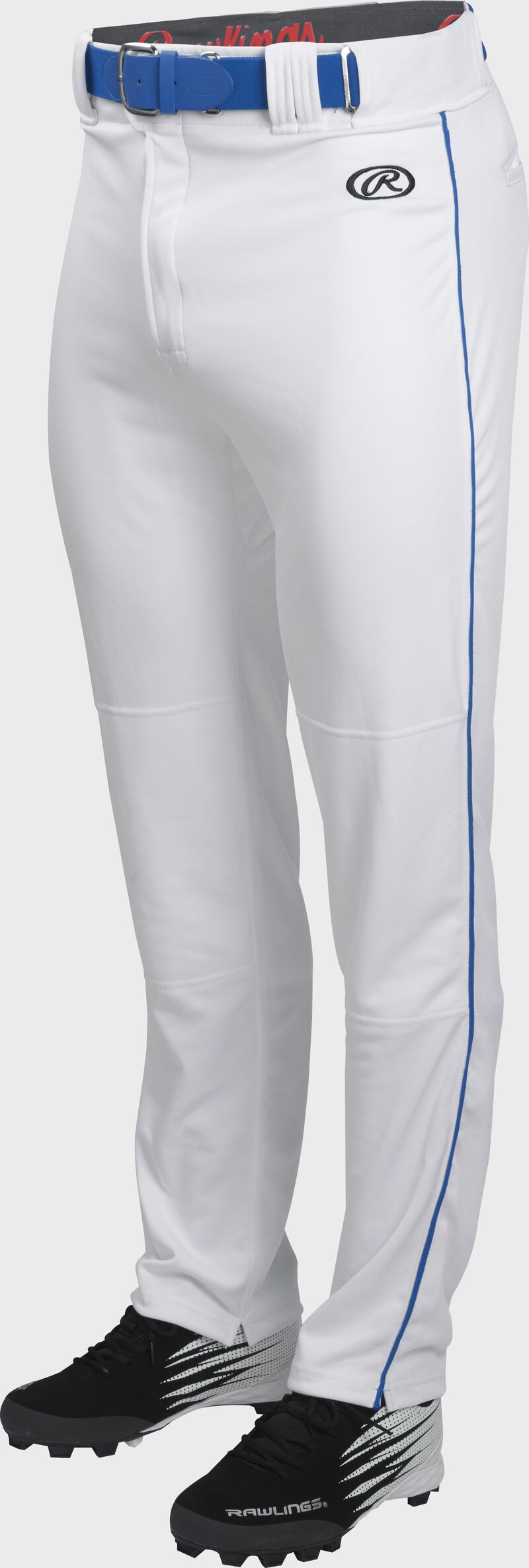 Front of Rawlings White/Royal Adult Launch Piped Semi-Relaxed Baseball Pant - SKU #LNCHSRP-W/R