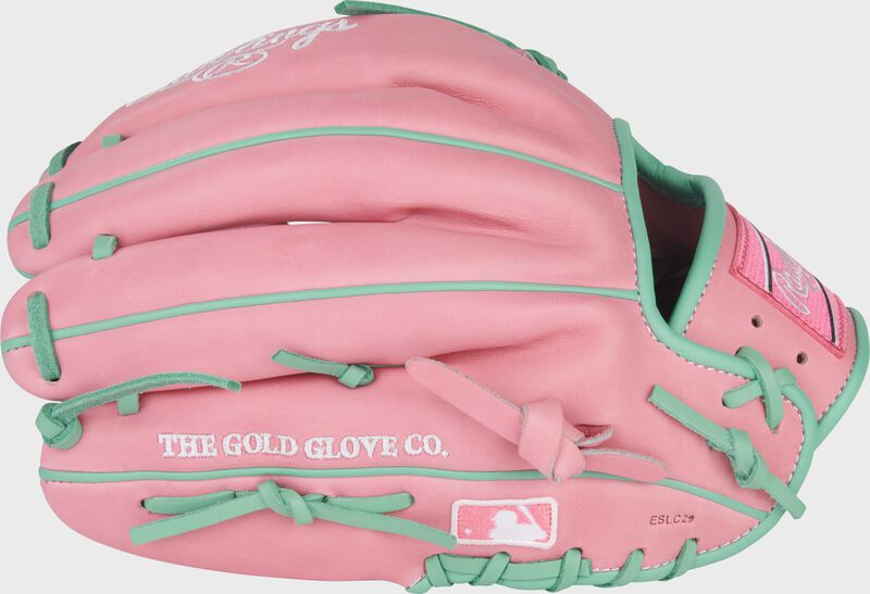Back of a Rawlings Heart of the Hide 11.75-Inch Pink Infield Glove with the MLB logo on the pinky