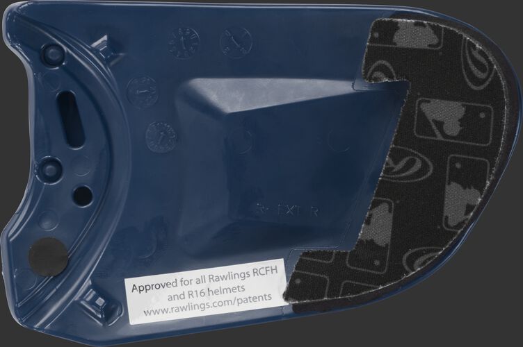 Padding on a navy REXT Rawlings R-EXT universal batting helmet face guard extension