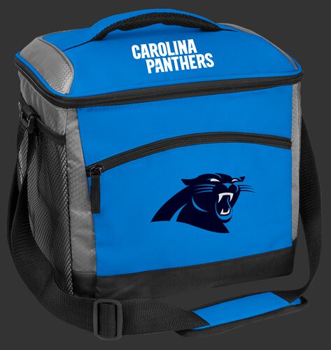 A blue Carolina Panthers 24 can soft sided cooler with screen printed logos - SKU: 10211090111
