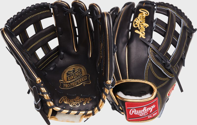 2 views showing the palm and back of a black Corey Dickerson Gameday 57 Pro Preferred outfield glove - SKU: RSGRPROS3039-6CD