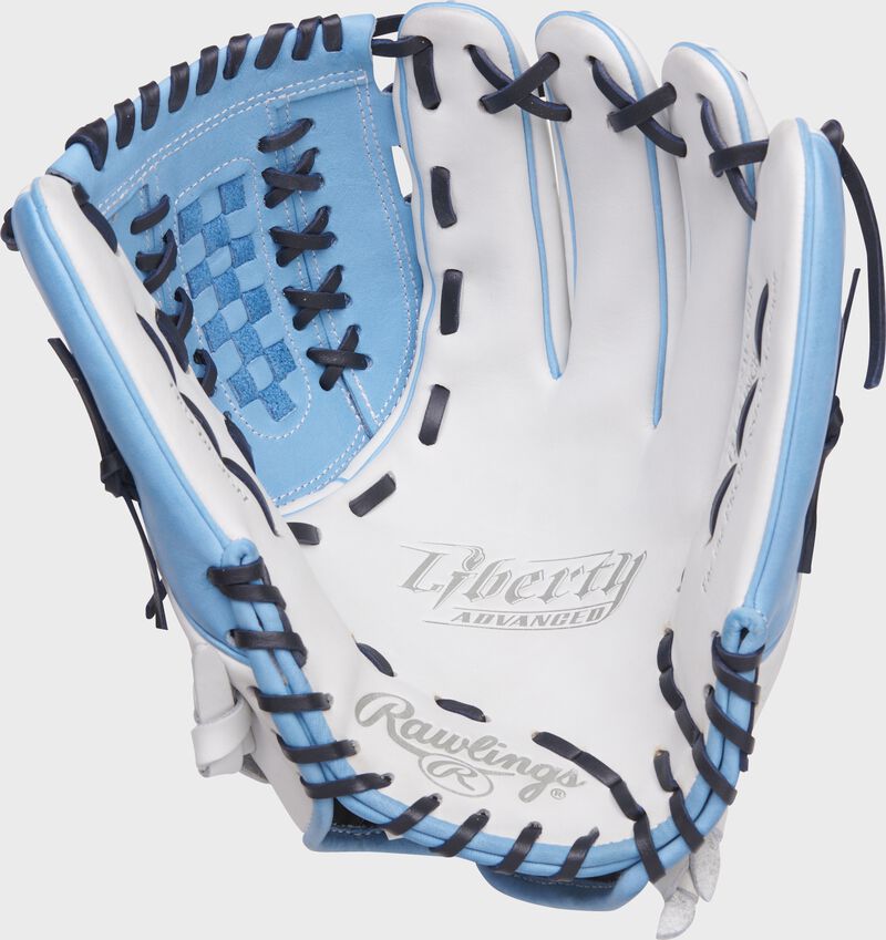 White palm of a Rawlings Liberty Advanced fastpitch glove with navy laces and Columbia Blue webbing - SKU: RLA125-18WCBN
