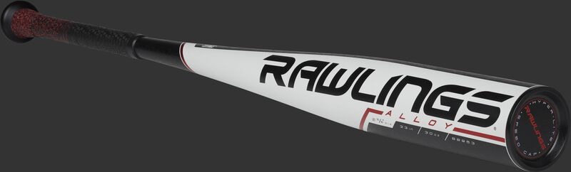3/4 angle view of a BB953 Rawlings BBCOR one-piece alloy baseball bat with a white barrel and black end cap