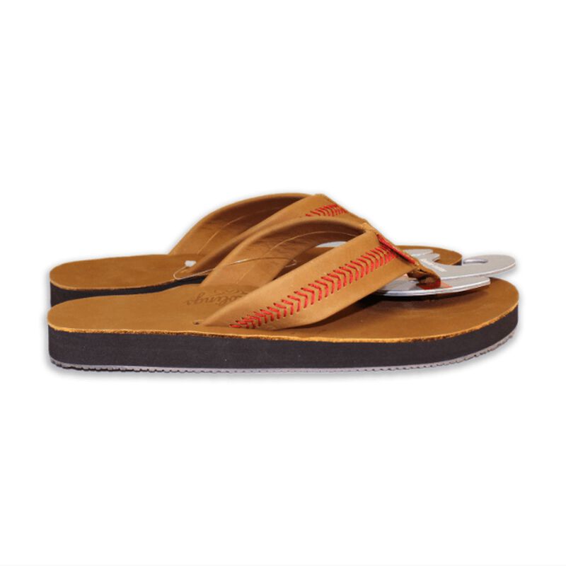 Side of Rawlings Men's Baseball Stitch Nubuck Brown Leather Sandals With Red Baseball Stitch and Brand Name
