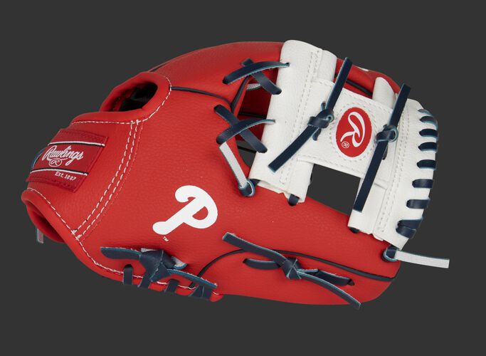 A red/white Philadelphia Phillies 10-inch team logo glove with a white I-web and Phillies logo on the thumb - SKU: 22000020111