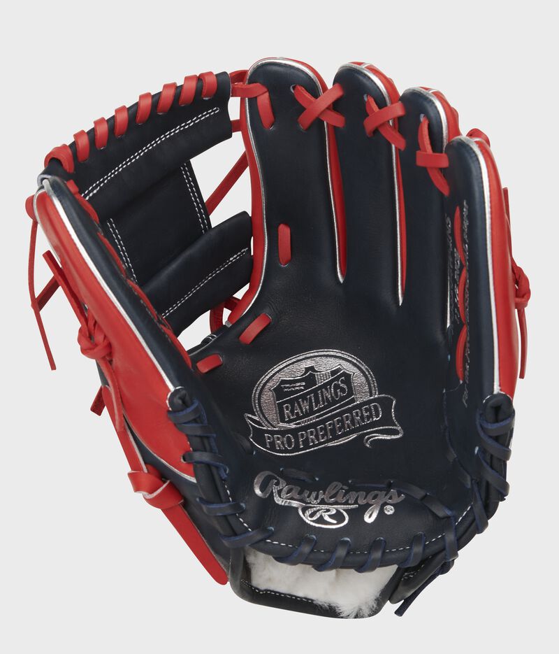 Navy palm of a Pro Preferred 11.5-Inch infield glove with a navy web and scarlet laces - SKU: PROS204W-2NS loading=