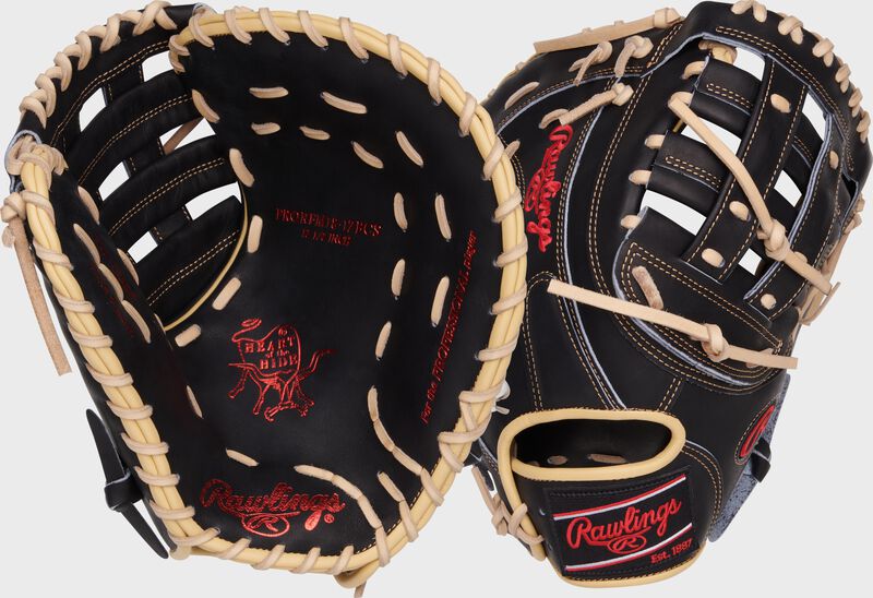 Two images showing the palm & back of a black Heart of the Hide 12.5" first base mitt