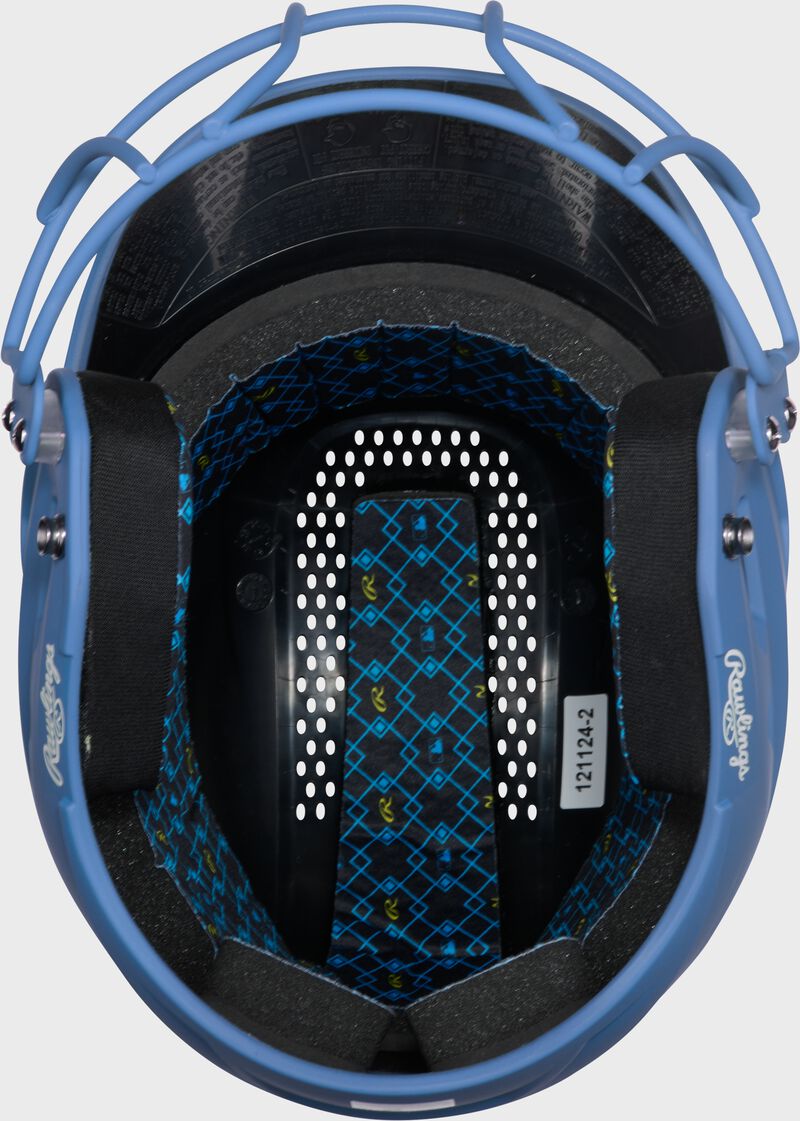 Inside padding of a Columbia blue Rawlings RX2 fastpitch batting helmet loading=
