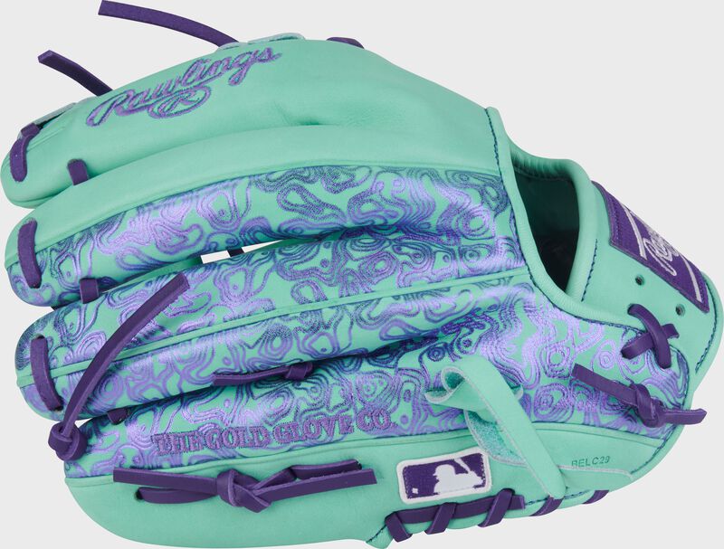 Purple foil print back on a Heart of the Hide 11.5-Inch Mint Infield Glove with the MLB logo on the pinky