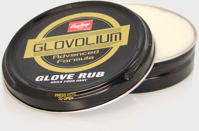 A round Rawlings Glovolium Glove Rub for cleaning and conditioning gloves SKU #GLVRUB