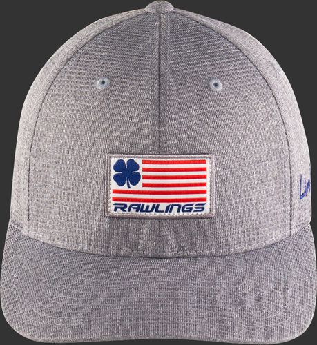 An American flag themed logo on the front of a grey RBC nation Rawlings Black Clover hat - SKU: BCRBCN0061