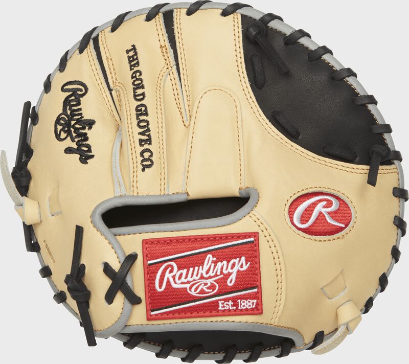 Shell back view of camel and black Heart of the Hide 28-in Francisco Lindor Training Mitt