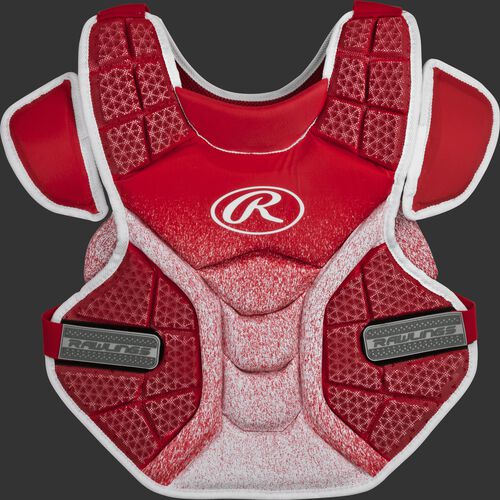A scarlet/white SBCPVI Velo intermediate softball chest protector