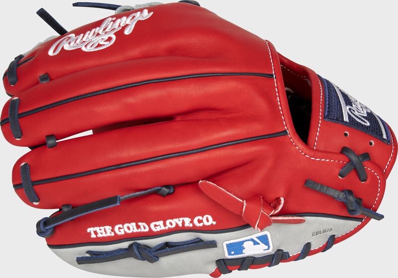 Pinky back view of scarlet, gray, and navy 2021 Los Angeles Angels Heart of the Hide glove