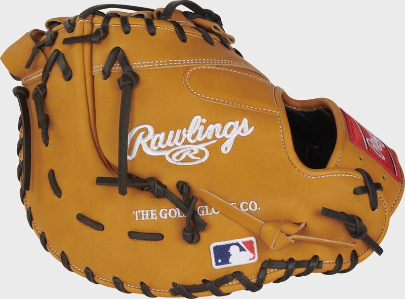 Back of a tan 13" Heart of the Hide first base mitt with the MLB logo on the pinky - SKU: PROTDCTT