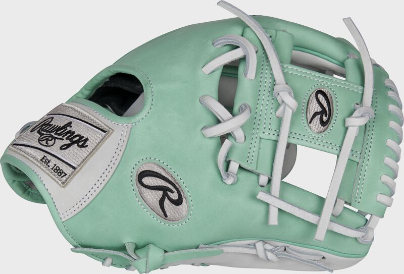 Web back view of ocean mint and white 2021 HOH Pro Preferred Hybrid 11.5-inch infield glove loading=