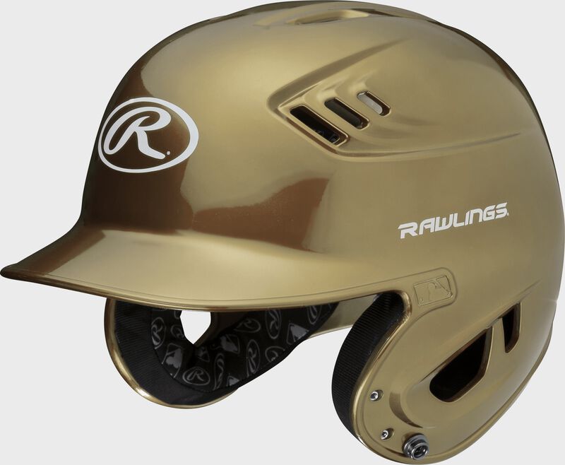 A metallic vegas gold R16S Velo senior batting helmet with Cool-Flo vents