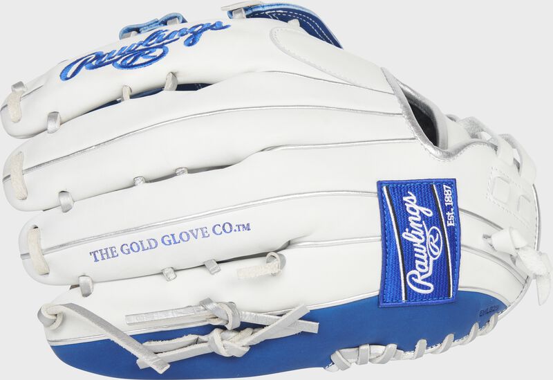 Back of a white/royal Liberty Advanced Color Series 12.75-Inch outfield glove with a royal Rawlings patch - SKU: RLA1275SB-6WRP loading=