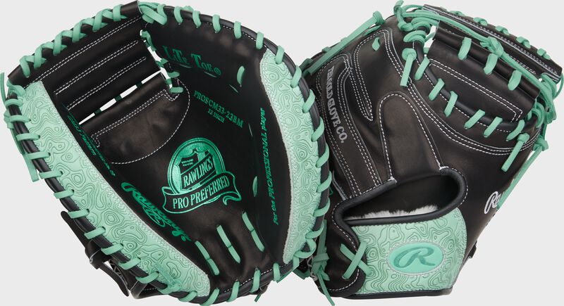 Two images showing the palm & back of a black/mint Rawlings Pro Preferred 33-Inch Catcher's Mitt