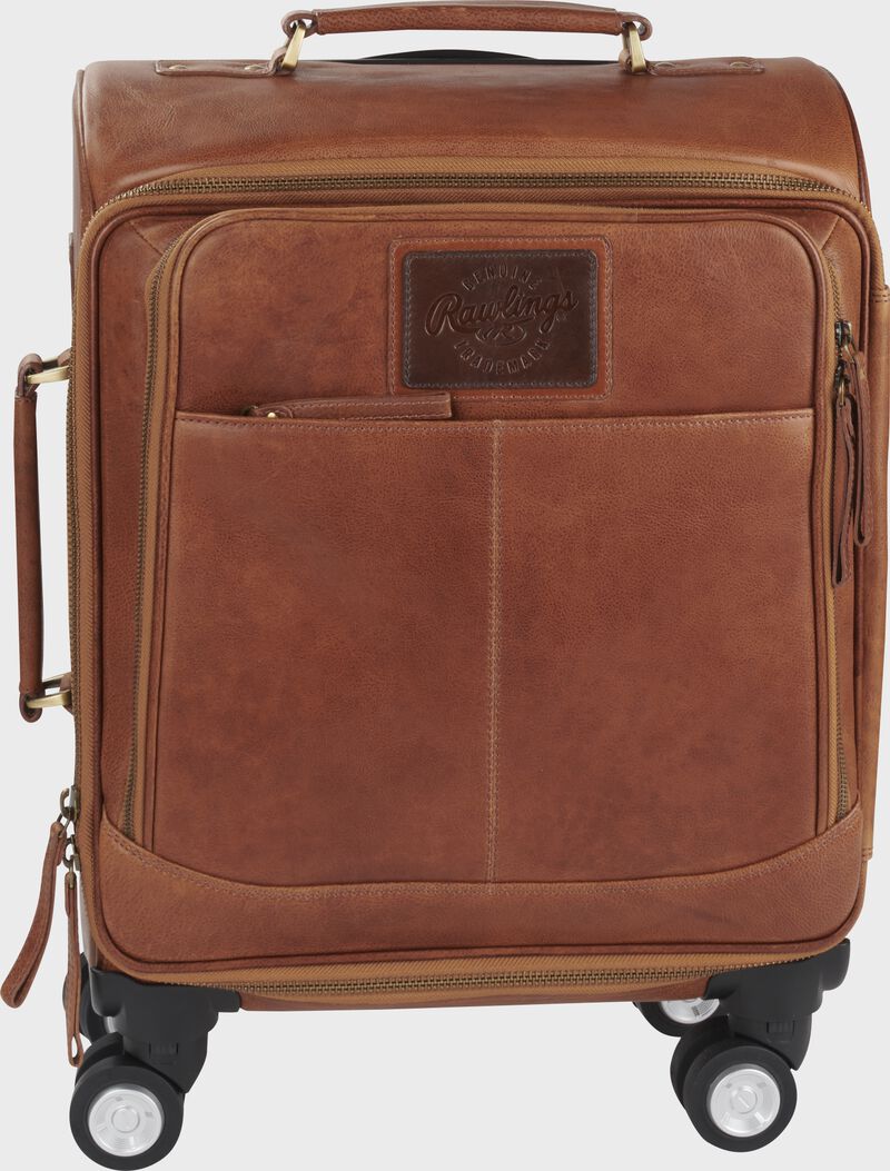 Front of a brown Origins leather four spin trolley luggage bag - SKU: R60015