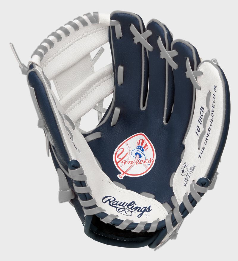 A navy, white & red Rawlings New York Yankees youth glove with the Yankees logo stamped in the palm - SKU: 22000030111 loading=