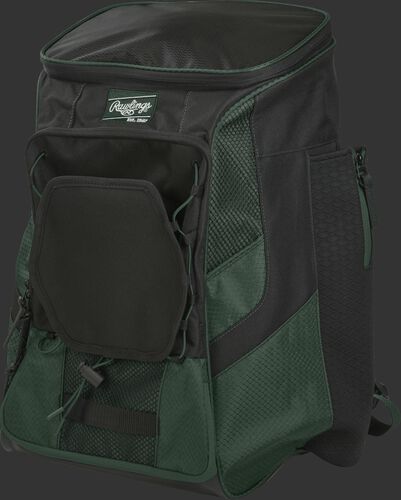 Front left of a dark green/black R600 Rawlings backpack without bats