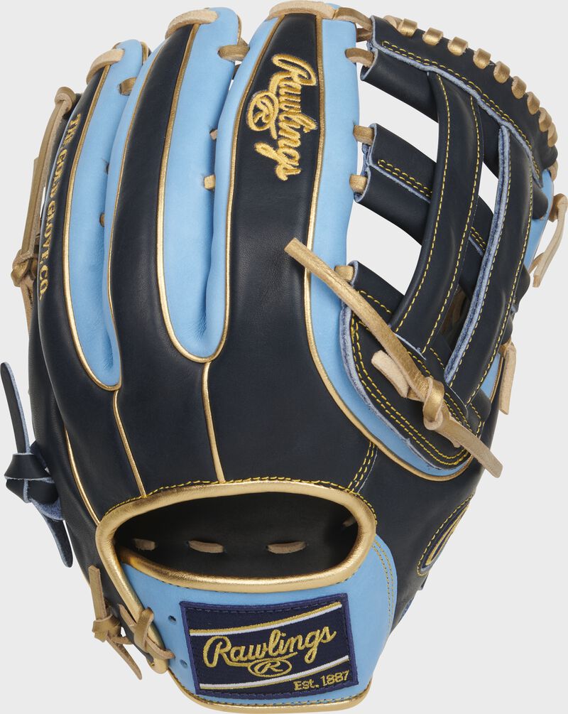 Back of a columbia blue/navy Heart of the Hide R2G H-web outfield glove with a navy Rawlings patch - SKU: PROR3319-6NCB