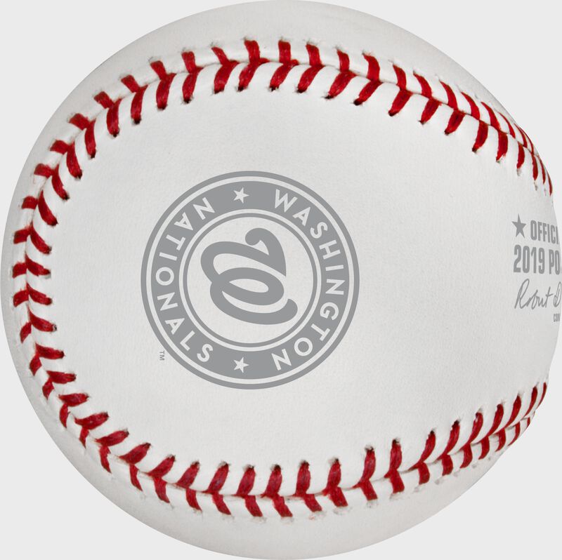 The Washington Nationals logo stamped on the NLCS19DL NLCS dueling teams ball