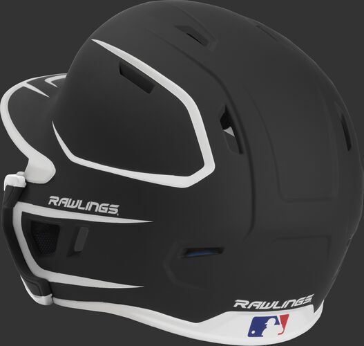 Back left view of a matte black/white MACHEXTR MACH series two-tone batting helmet with air vents