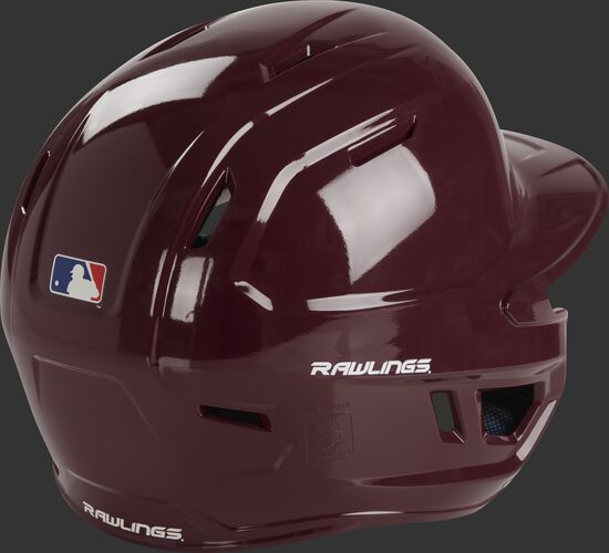Back right of a MCH01A Rawlings high school batting helmet with a maroon shell