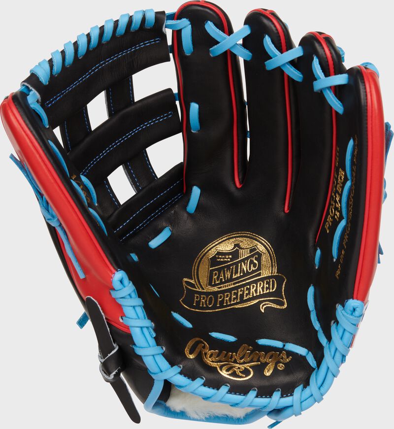 Black palm of a Rawlings Pro Preferred Ian Happ glove with gold stamping and Columbia blue laces - SKU: RSGRPROS3039-6IH