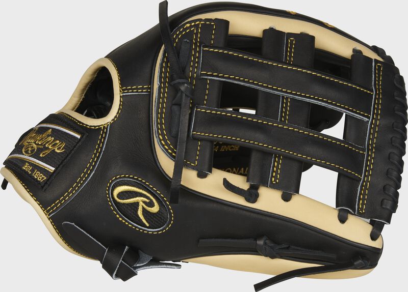 Web back view of black and camel 2021 Heart of the Hide R2G 12.75-inch outfield glove