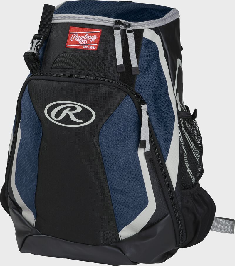 Left side of a black/navy R500 Players team backpack with white trim