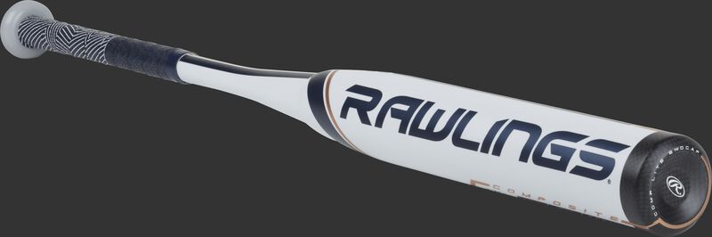 FP9V11 Rawlings fastpitch softball bat with a white barrel and navy/rose gold accents